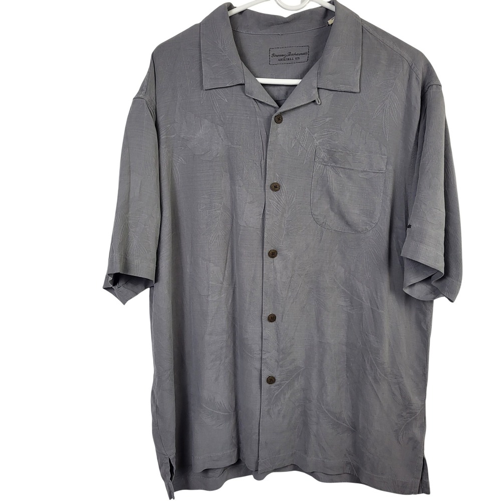 Tommy Bahama Original Fit 100% Silk Camp Shirt Lrge Gray Palm Jacquard Button Up